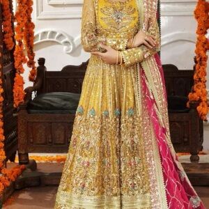 Elegant yellow and Pink Embroidered Dress